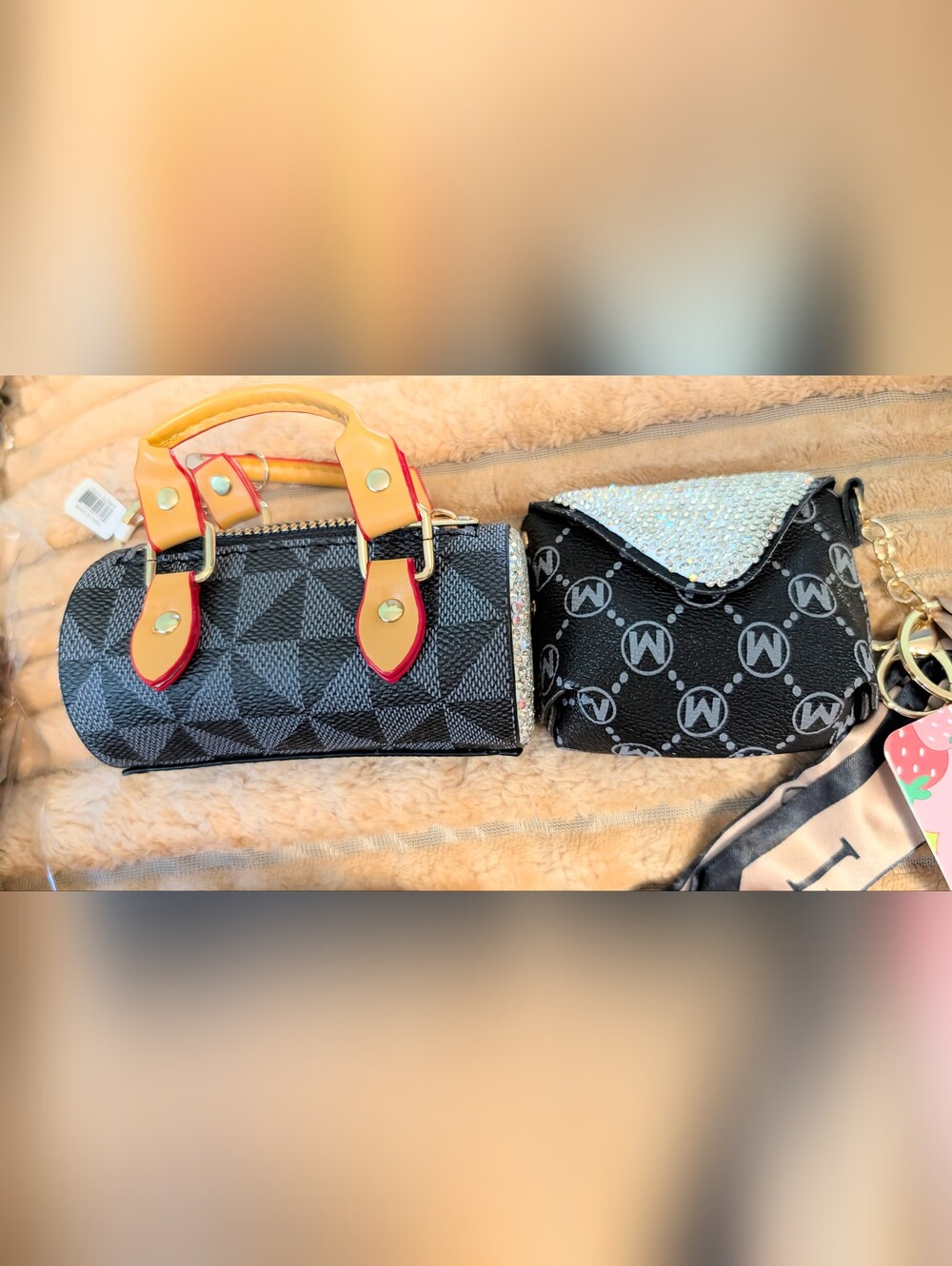 Designer-Inspired Black Patterned Set Mini Barrel Bag and Pouch bag charms!